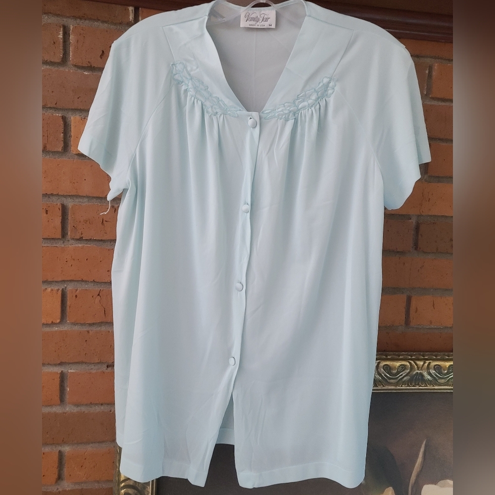 Vanity Fair Pale Blue Button-Front Short Sleeve Top